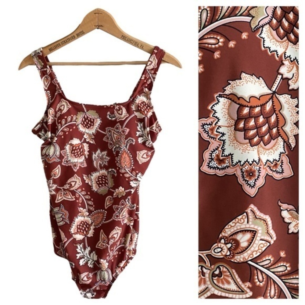 Lands’ End Brown Paisley Floral Print One Piece Swimsuit 10